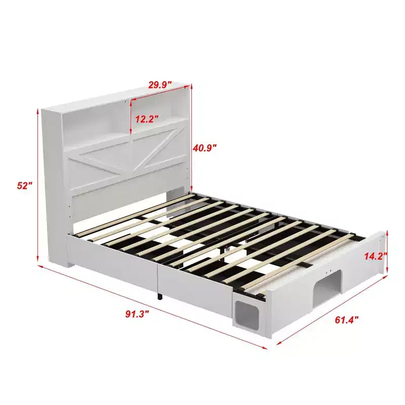 Smart Bluetooth-Enabled Bed Frame with App Control, Custom RGB Lights, Power Outlets, Open Shelves, 4 Rolling Drawers, Central Iron Frame, Pet Nook