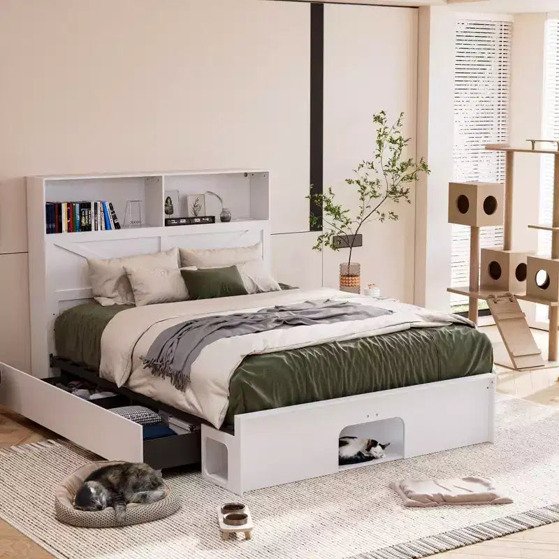 Smart Bluetooth-Enabled Bed Frame with App Control, Custom RGB Lights, Power Outlets, Open Shelves, 4 Rolling Drawers, Central Iron Frame, Pet Nook