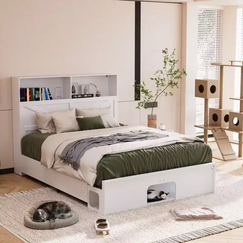 Smart Bluetooth-Enabled Bed Frame with App Control, Custom RGB Lights, Power Outlets, Open Shelves, 4 Rolling Drawers, Central Iron Frame, Pet Nook