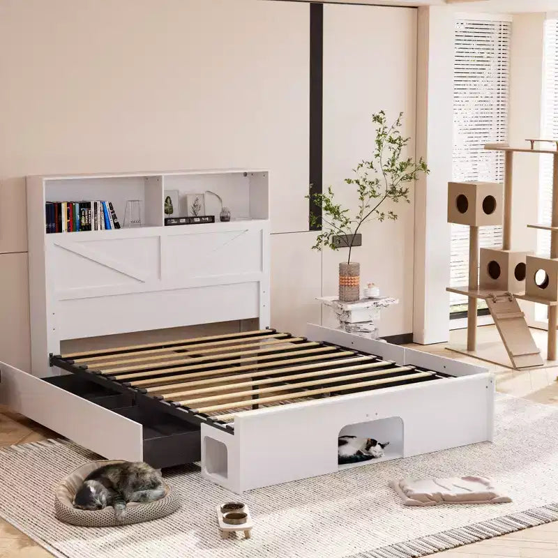 Smart Bluetooth-Enabled Bed Frame with App Control, Custom RGB Lights, Power Outlets, Open Shelves, 4 Rolling Drawers, Central Iron Frame, Pet Nook