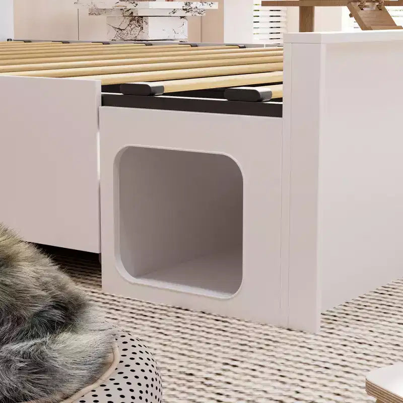 Smart Bluetooth-Enabled Bed Frame with App Control, Custom RGB Lights, Power Outlets, Open Shelves, 4 Rolling Drawers, Central Iron Frame, Pet Nook