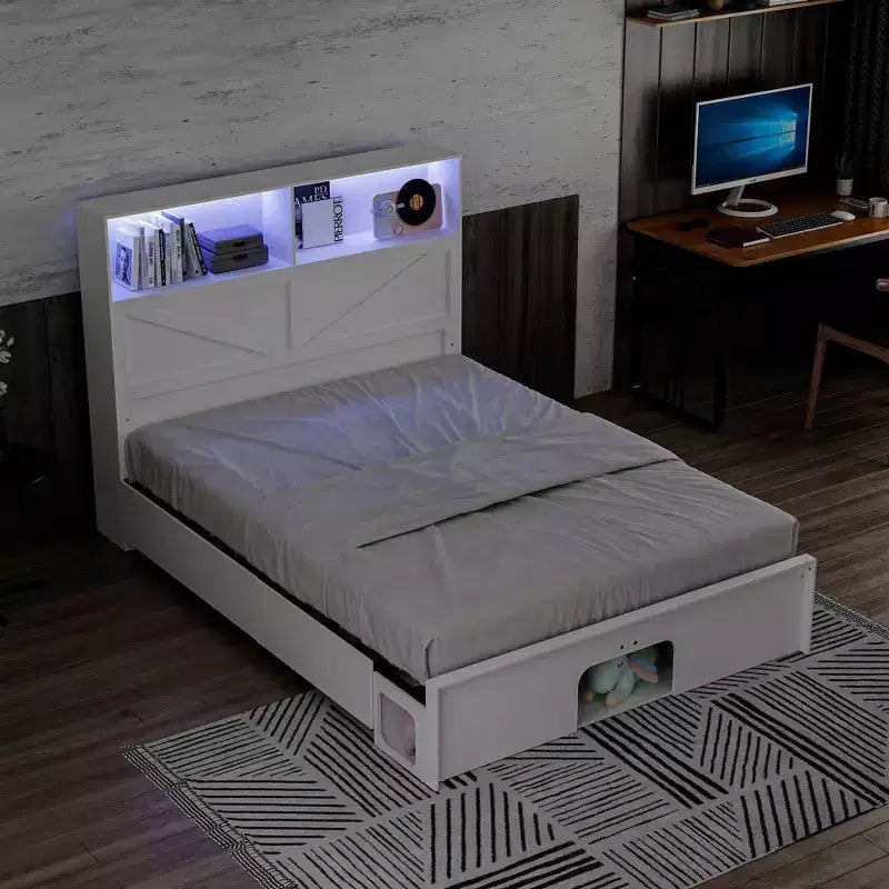 Smart Bluetooth-Enabled Bed Frame with App Control, Custom RGB Lights, Power Outlets, Open Shelves, 4 Rolling Drawers, Central Iron Frame, Pet Nook