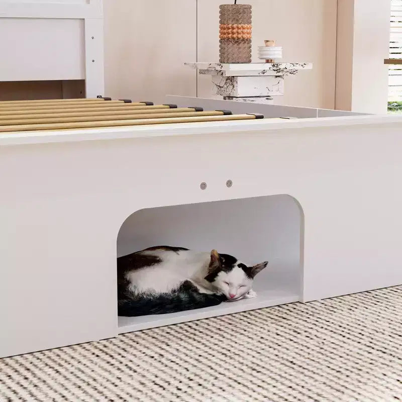 Smart Bluetooth-Enabled Bed Frame with App Control, Custom RGB Lights, Power Outlets, Open Shelves, 4 Rolling Drawers, Central Iron Frame, Pet Nook