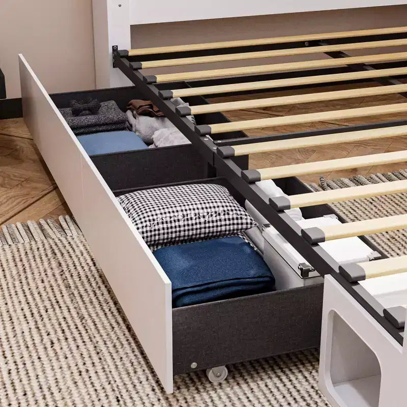 Smart Bluetooth-Enabled Bed Frame with App Control, Custom RGB Lights, Power Outlets, Open Shelves, 4 Rolling Drawers, Central Iron Frame, Pet Nook