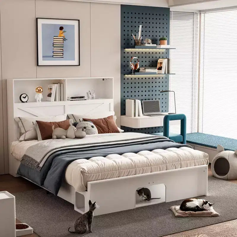Smart Bluetooth-Enabled Bed Frame with App Control, Custom RGB Lights, Power Outlets, Open Shelves, 4 Rolling Drawers, Central Iron Frame, Pet Nook