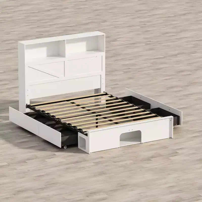 Smart Bluetooth-Enabled Bed Frame with App Control, Custom RGB Lights, Power Outlets, Open Shelves, 4 Rolling Drawers, Central Iron Frame, Pet Nook