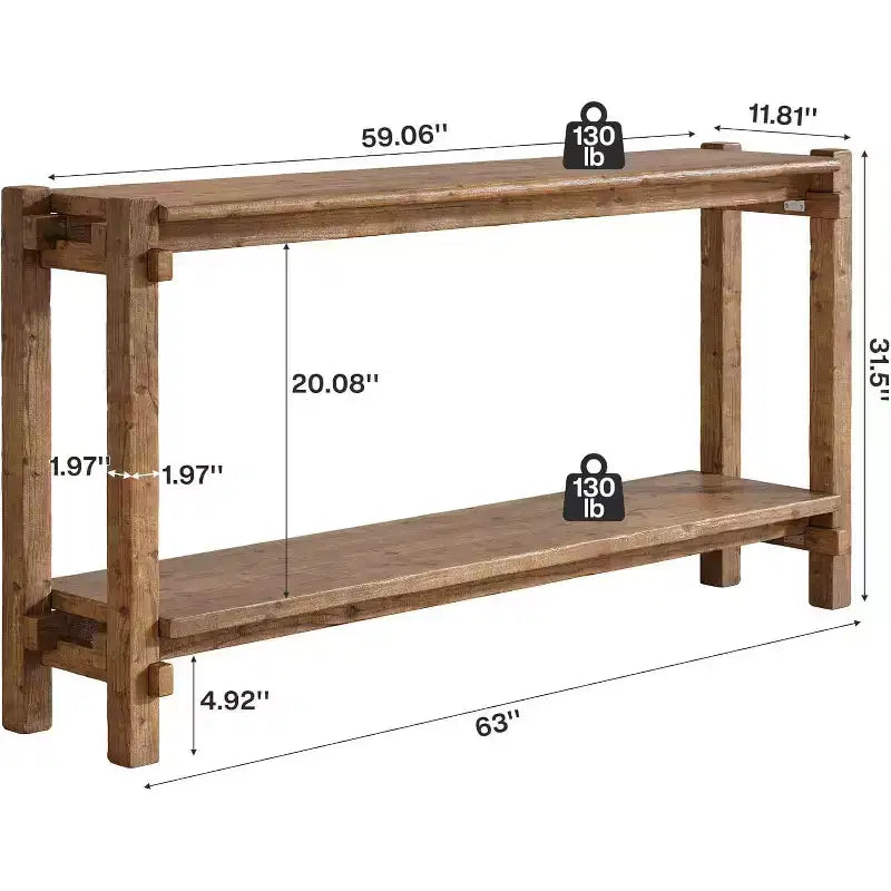63-Inch Solid Wood Console Table, 2-Tier Farmhouse Entryway Table for Living Room, Entrance, Behind Sofa