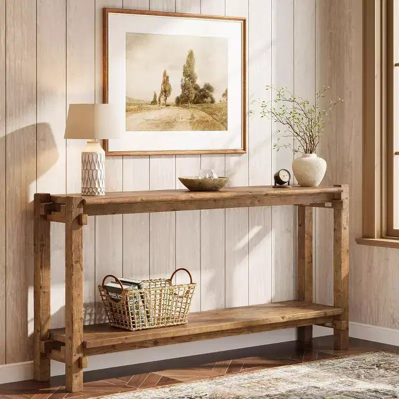 63-Inch Solid Wood Console Table, 2-Tier Farmhouse Entryway Table for Living Room, Entrance, Behind Sofa