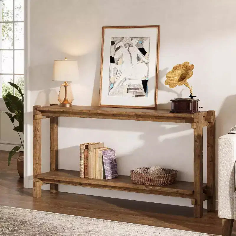 63-Inch Solid Wood Console Table, 2-Tier Farmhouse Entryway Table for Living Room, Entrance, Behind Sofa