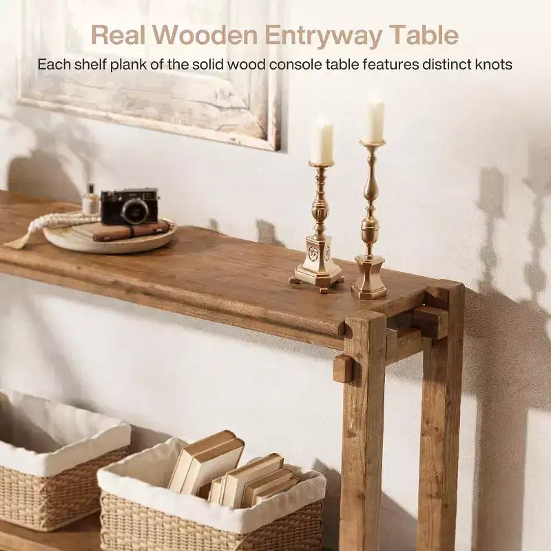 63-Inch Solid Wood Console Table, 2-Tier Farmhouse Entryway Table for Living Room, Entrance, Behind Sofa