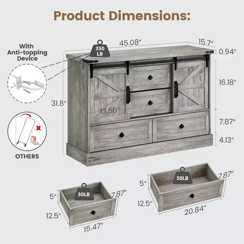 4 Drawer Dresser for Bedroom, 45 in Wood Dressers With Sliding Barn Doors, TV Stand With Large Drawers & Bar Handles, for Closet, Living Room