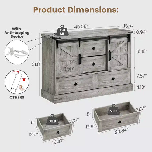 4 Drawer Dresser for Bedroom, 45 in Wood Dressers With Sliding Barn Doors, TV Stand With Large Drawers & Bar Handles, for Closet, Living Room