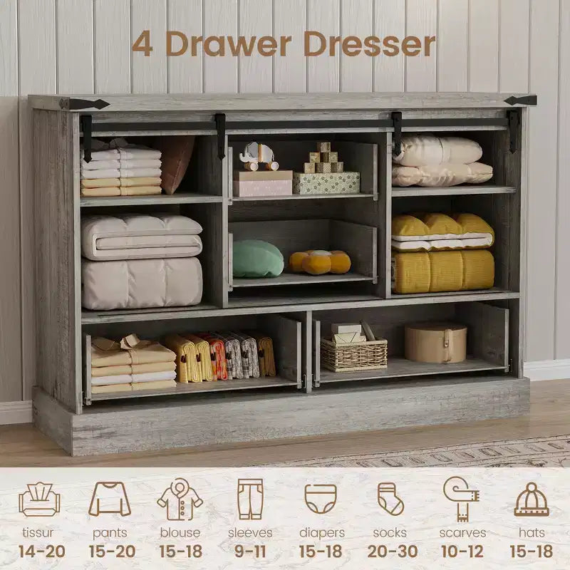 4 Drawer Dresser for Bedroom, 45 in Wood Dressers With Sliding Barn Doors, TV Stand With Large Drawers & Bar Handles, for Closet, Living Room