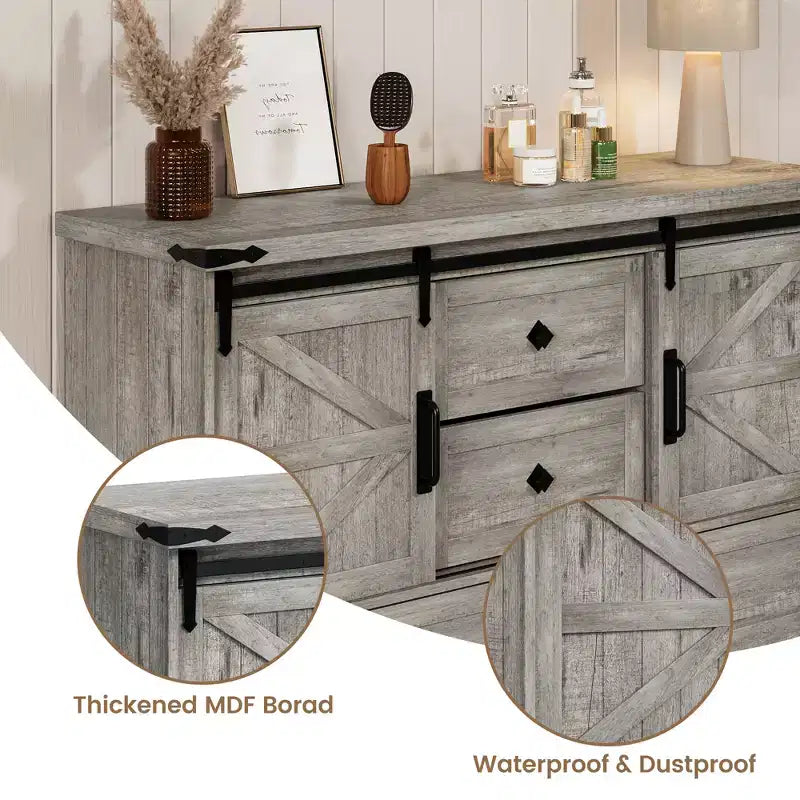 4 Drawer Dresser for Bedroom, 45 in Wood Dressers With Sliding Barn Doors, TV Stand With Large Drawers & Bar Handles, for Closet, Living Room