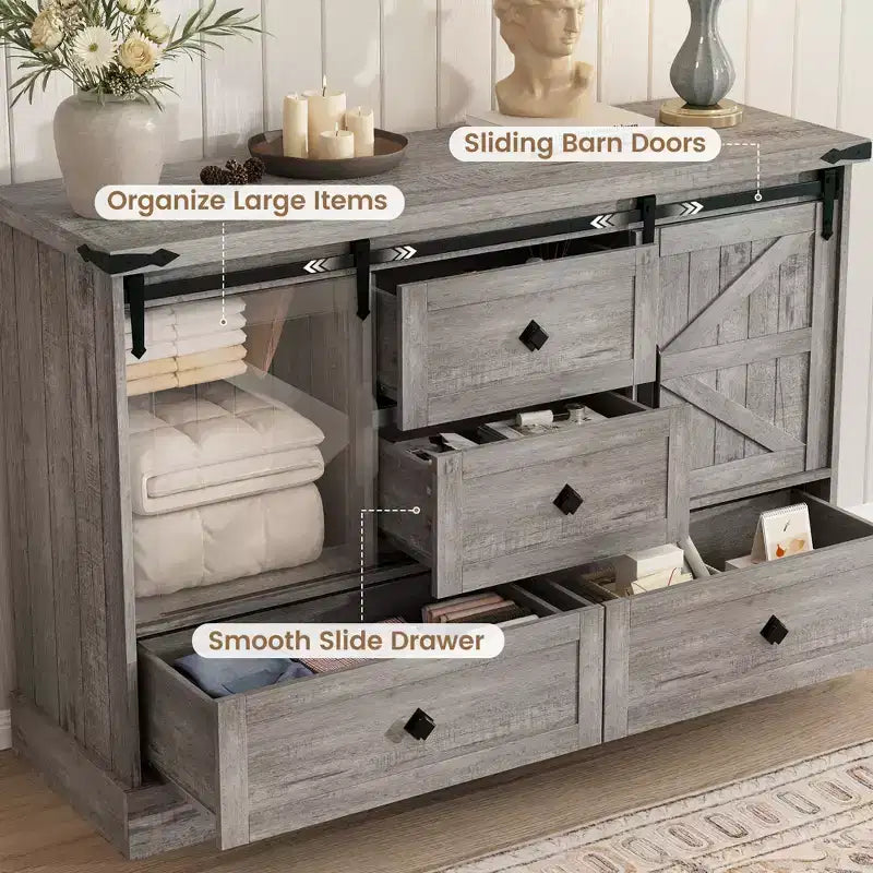 4 Drawer Dresser for Bedroom, 45 in Wood Dressers With Sliding Barn Doors, TV Stand With Large Drawers & Bar Handles, for Closet, Living Room