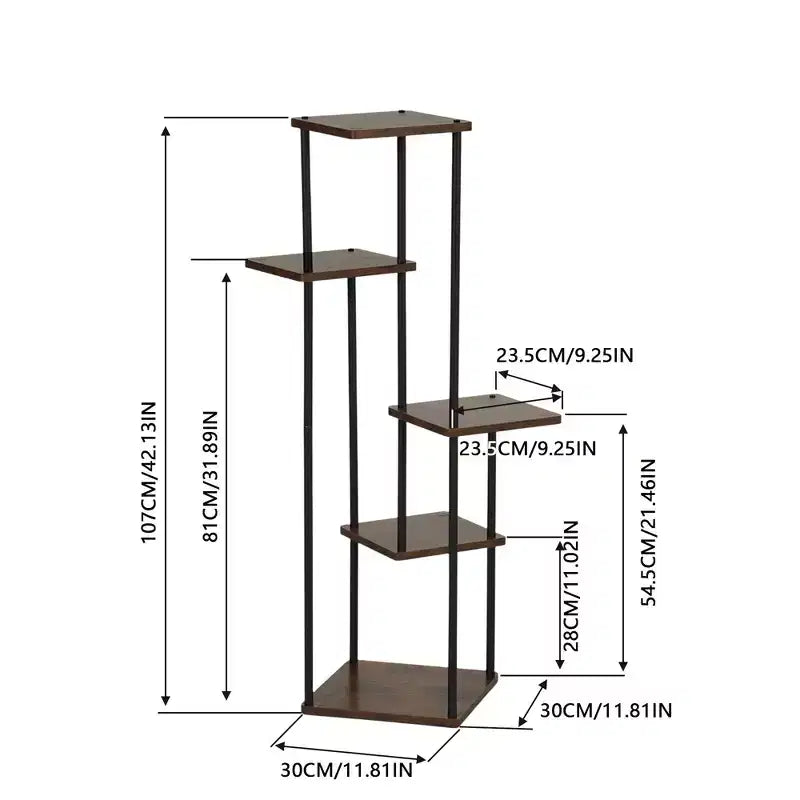 Homy Casa 5-Tier Plant Stand with Rustic Brown Shelves and Black Metal Frame, Corner Display Rack