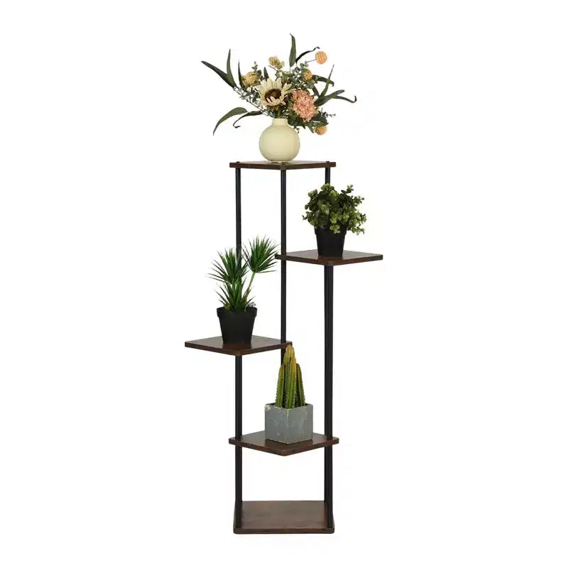 Homy Casa 5-Tier Plant Stand with Rustic Brown Shelves and Black Metal Frame, Corner Display Rack