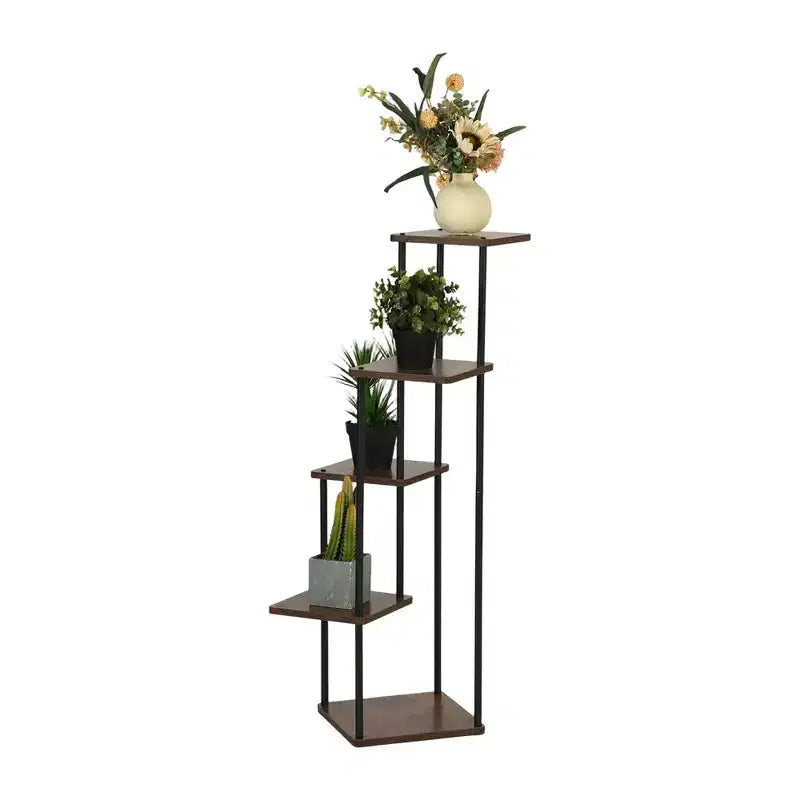 Homy Casa 5-Tier Plant Stand with Rustic Brown Shelves and Black Metal Frame, Corner Display Rack