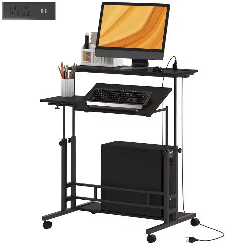 Standing Desk with Power Outlets, Height Adjustable Stand Up Desk with Tiltable Tabletop, Lockable Wheels, Shelf, for Home Office