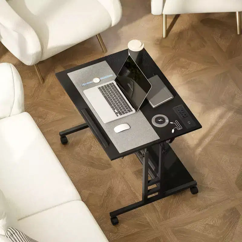 Standing Desk with Power Outlets, Height Adjustable Stand Up Desk with Tiltable Tabletop, Lockable Wheels, Shelf, for Home Office