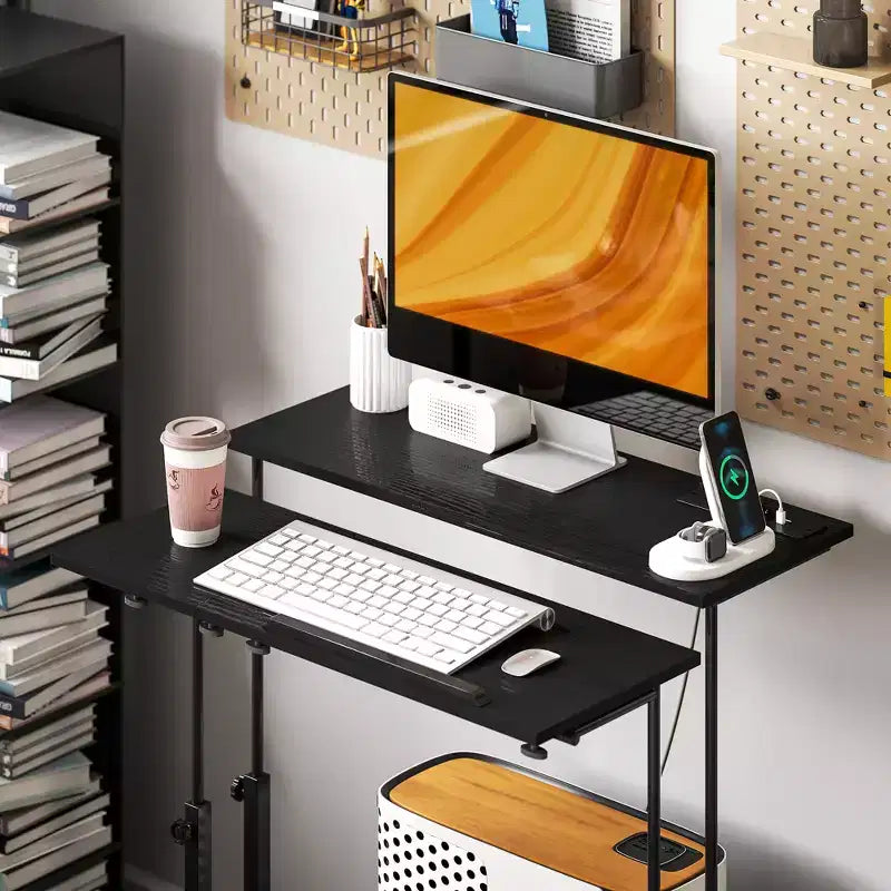 Standing Desk with Power Outlets, Height Adjustable Stand Up Desk with Tiltable Tabletop, Lockable Wheels, Shelf, for Home Office