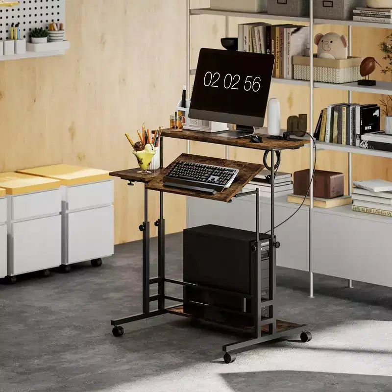 Standing Desk with Power Outlets, Height Adjustable Stand Up Desk with Tiltable Tabletop, Lockable Wheels, Shelf, for Home Office