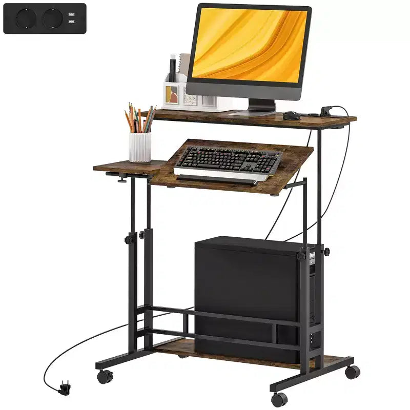 Standing Desk with Power Outlets, Height Adjustable Stand Up Desk with Tiltable Tabletop, Lockable Wheels, Shelf, for Home Office