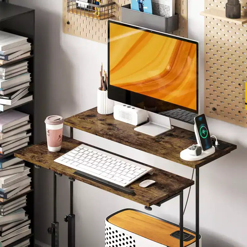 Standing Desk with Power Outlets, Height Adjustable Stand Up Desk with Tiltable Tabletop, Lockable Wheels, Shelf, for Home Office