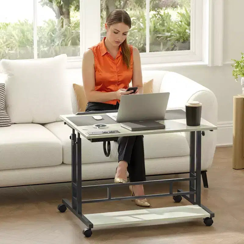Standing Desk with Power Outlets, Height Adjustable Stand Up Desk with Tiltable Tabletop, Lockable Wheels, Shelf, for Home Office