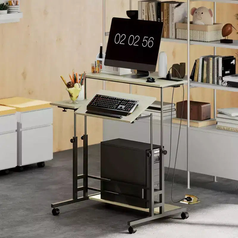 Standing Desk with Power Outlets, Height Adjustable Stand Up Desk with Tiltable Tabletop, Lockable Wheels, Shelf, for Home Office