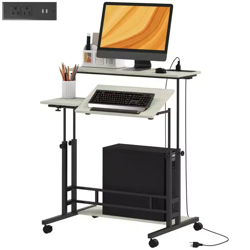 Standing Desk with Power Outlets, Height Adjustable Stand Up Desk with Tiltable Tabletop, Lockable Wheels, Shelf, for Home Office