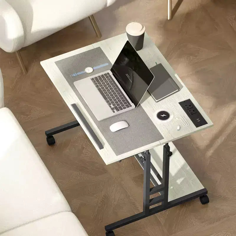 Standing Desk with Power Outlets, Height Adjustable Stand Up Desk with Tiltable Tabletop, Lockable Wheels, Shelf, for Home Office
