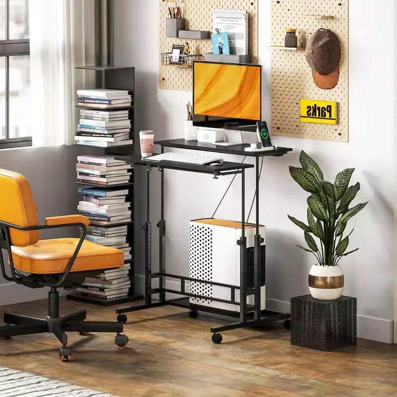 Standing Desk with Power Outlets, Height Adjustable Stand Up Desk with Tiltable Tabletop, Lockable Wheels, Shelf, for Home Office