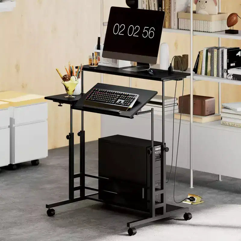 Standing Desk with Power Outlets, Height Adjustable Stand Up Desk with Tiltable Tabletop, Lockable Wheels, Shelf, for Home Office