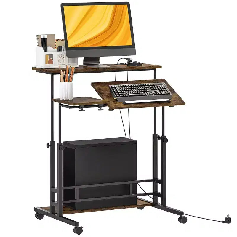 Standing Desk with Power Outlets, Height Adjustable Stand Up Desk with Tiltable Tabletop, Lockable Wheels, Shelf, for Home Office