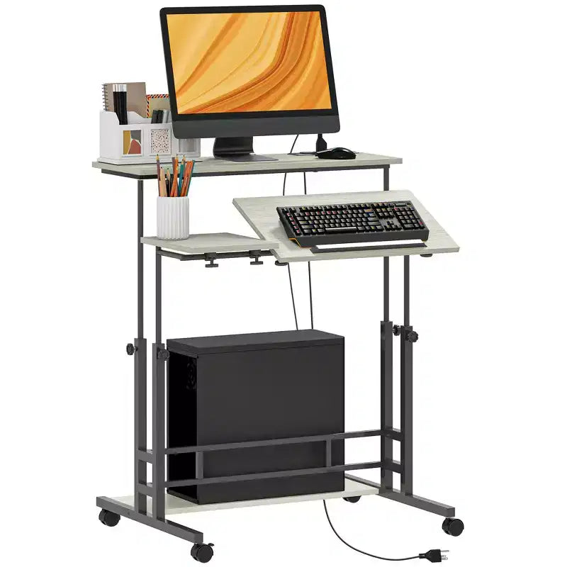 Standing Desk with Power Outlets, Height Adjustable Stand Up Desk with Tiltable Tabletop, Lockable Wheels, Shelf, for Home Office