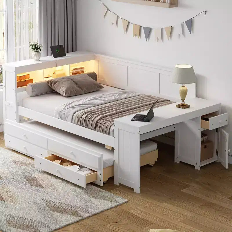 Full Size Daybed & Platform Bed with Storage Shelves, Drawers, Trundle, Desk and Cabinet
