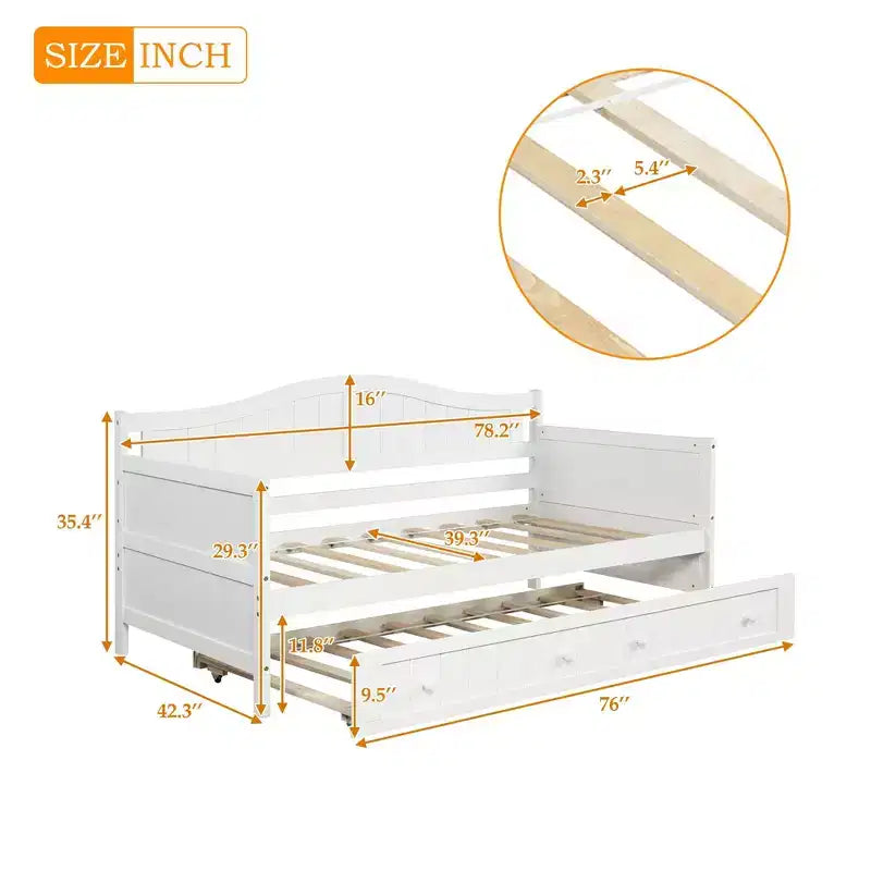 Wooden Daybed with Easy-Pull Trundle for Bedroom and Living Room