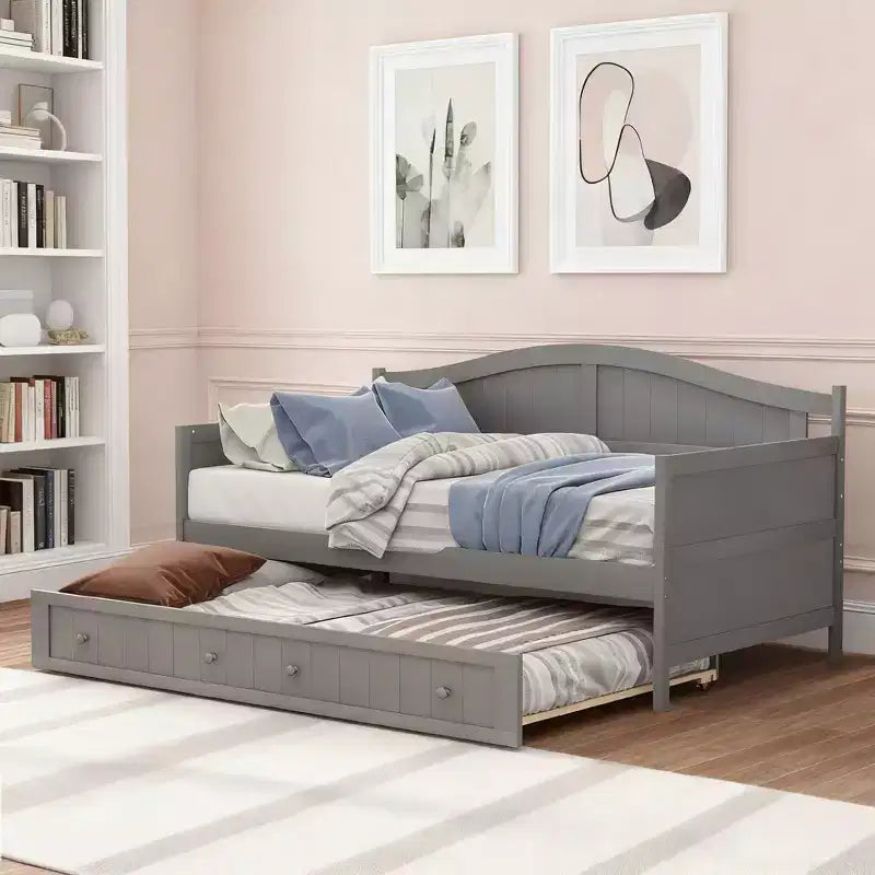 Wooden Daybed with Easy-Pull Trundle for Bedroom and Living Room
