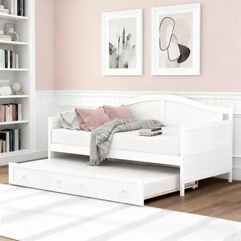 Wooden Daybed with Easy-Pull Trundle for Bedroom and Living Room