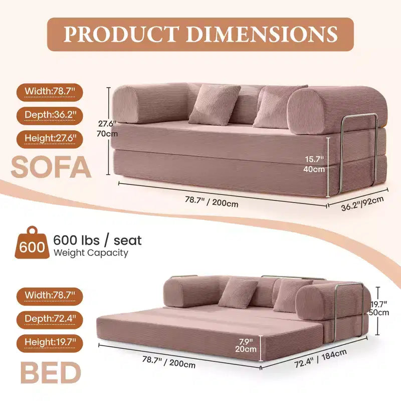 78.7" Light Pink Corduroy Convertible Sofa Bed, Metal Frame, Foldable Floor Sofa, Large Size