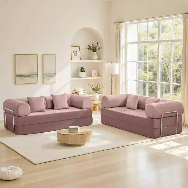 78.7" Light Pink Corduroy Convertible Sofa Bed, Metal Frame, Foldable Floor Sofa, Large Size