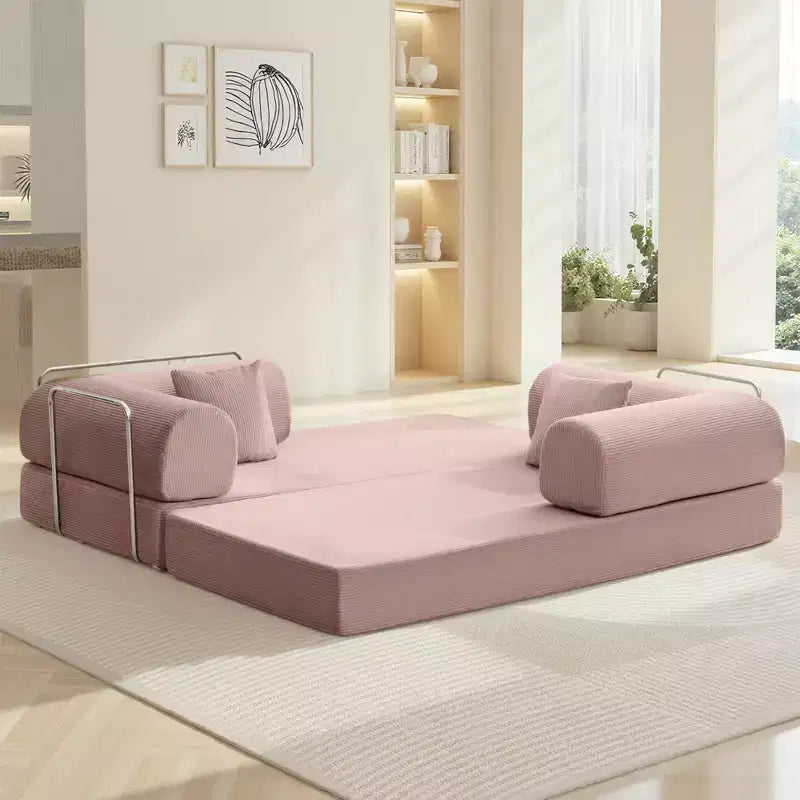 78.7" Light Pink Corduroy Convertible Sofa Bed, Metal Frame, Foldable Floor Sofa, Large Size