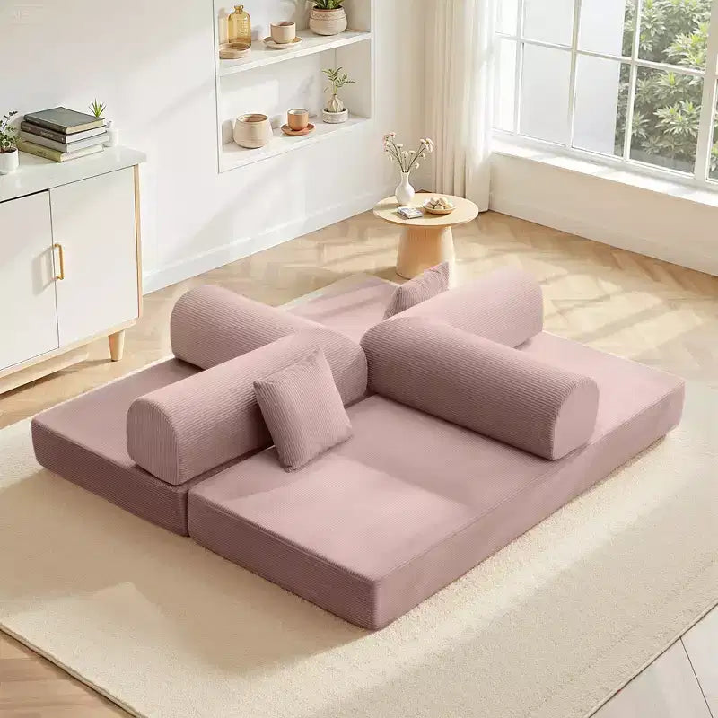 78.7" Light Pink Corduroy Convertible Sofa Bed, Metal Frame, Foldable Floor Sofa, Large Size