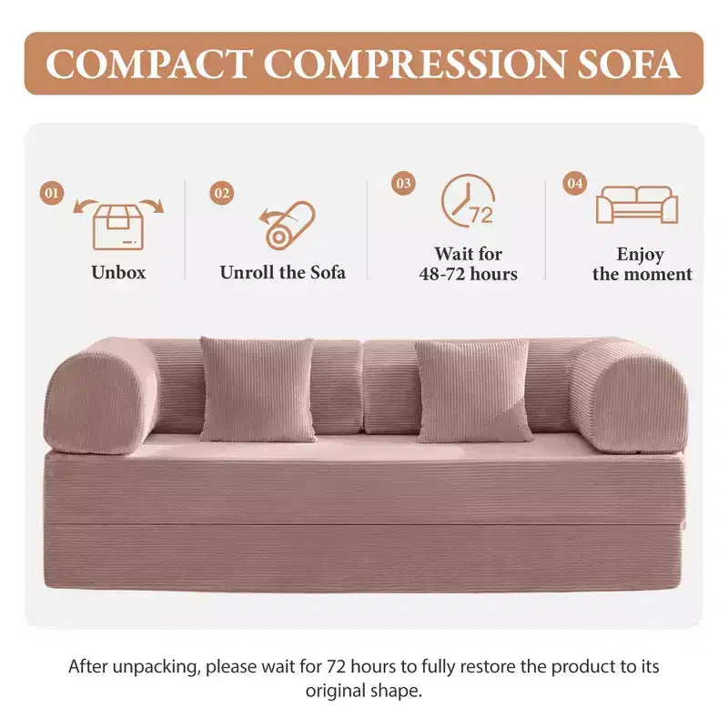78.7" Light Pink Corduroy Convertible Sofa Bed, Metal Frame, Foldable Floor Sofa, Large Size