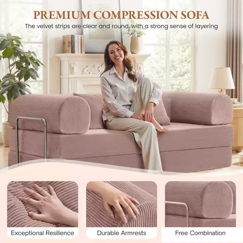 78.7" Light Pink Corduroy Convertible Sofa Bed, Metal Frame, Foldable Floor Sofa, Large Size