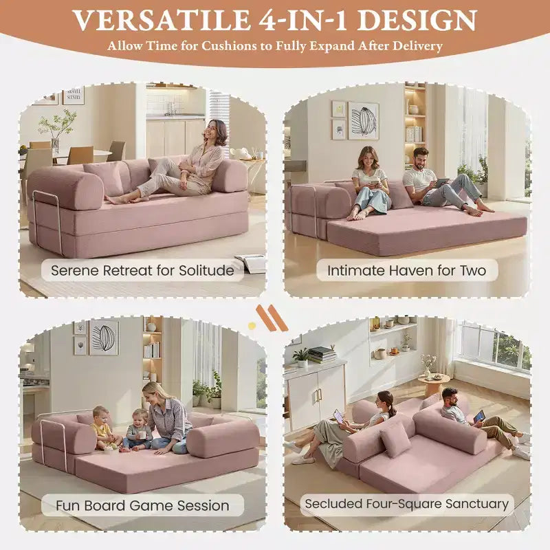 78.7" Light Pink Corduroy Convertible Sofa Bed, Metal Frame, Foldable Floor Sofa, Large Size