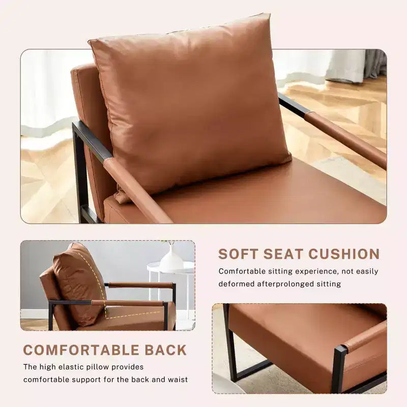 Classic PU Leather Accent Chair with Metal Frame, Ergonomic Design