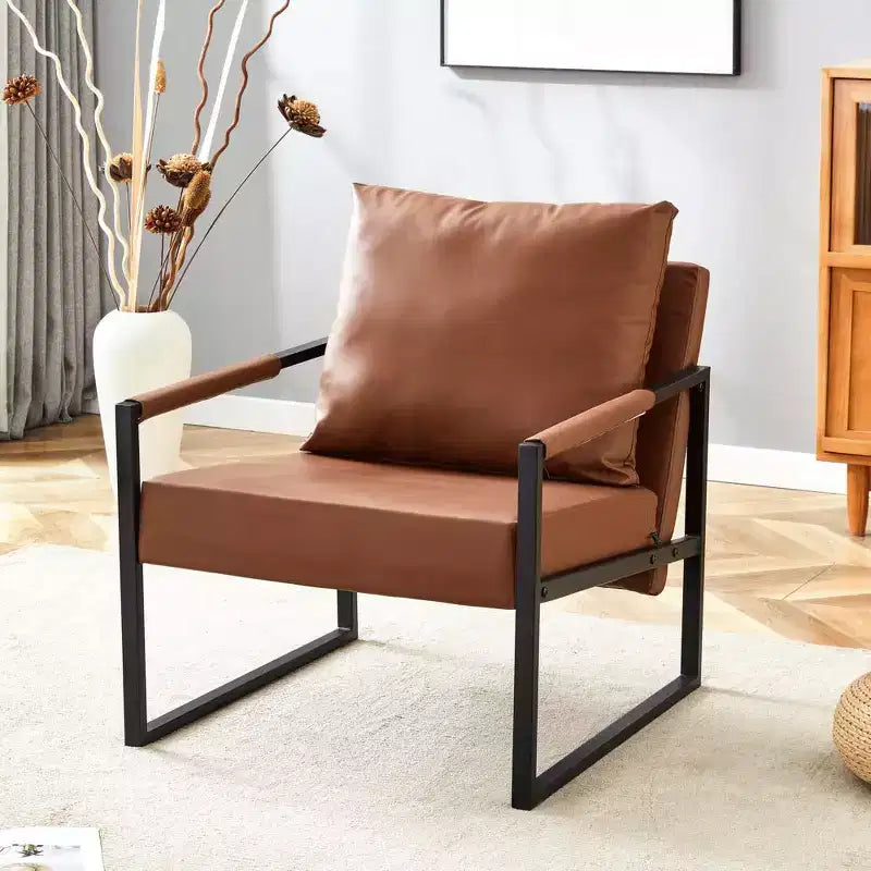 Classic PU Leather Accent Chair with Metal Frame, Ergonomic Design