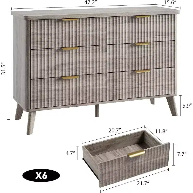 Fluted Dresser for Bedroom with 6 Deep Drawers, 47.2 in Wide Modern Chest of Drawers